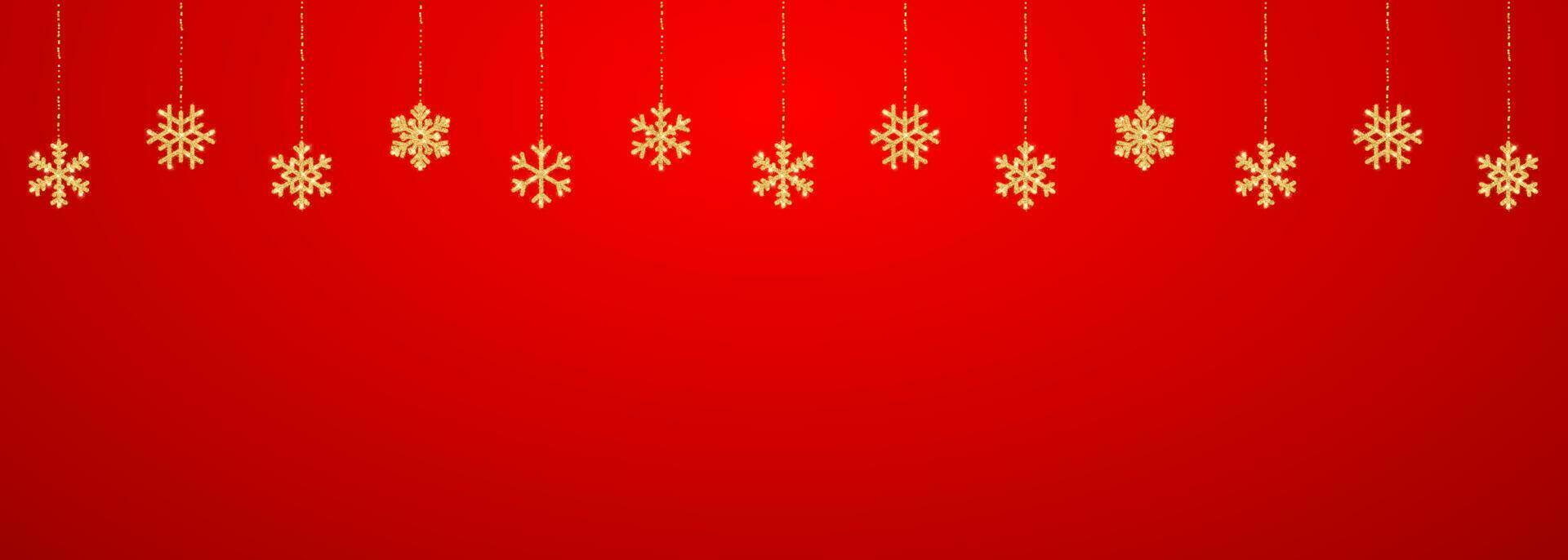 jul eller ny år gyllene snöflinga dekoration krans på röd bakgrund. hängande glitter snöflinga. vektor illustration