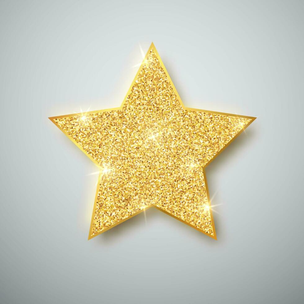 Gold glänzend funkeln glühend Star mit Schatten isoliert auf grau Hintergrund. Vektor Illustration