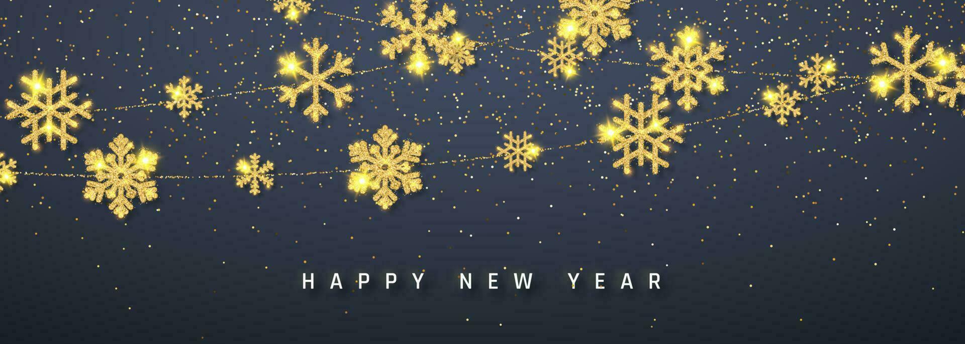 ny år lysande glitter lysande gyllene snöflinga dekoration krans på mörk bakgrund. hängande glitter snöflinga. vektor illustration