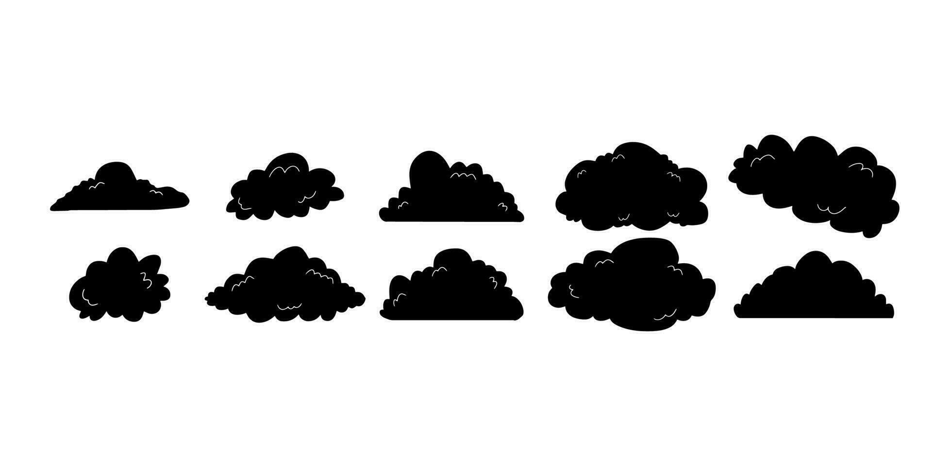 Wolken Silhouetten. Sammlung von verschiedene Formen. Design Elemente zum das Wetter Vorhersage, Meteorologie, Netz Schnittstelle oder Wolke Lager Anwendungen. vektor