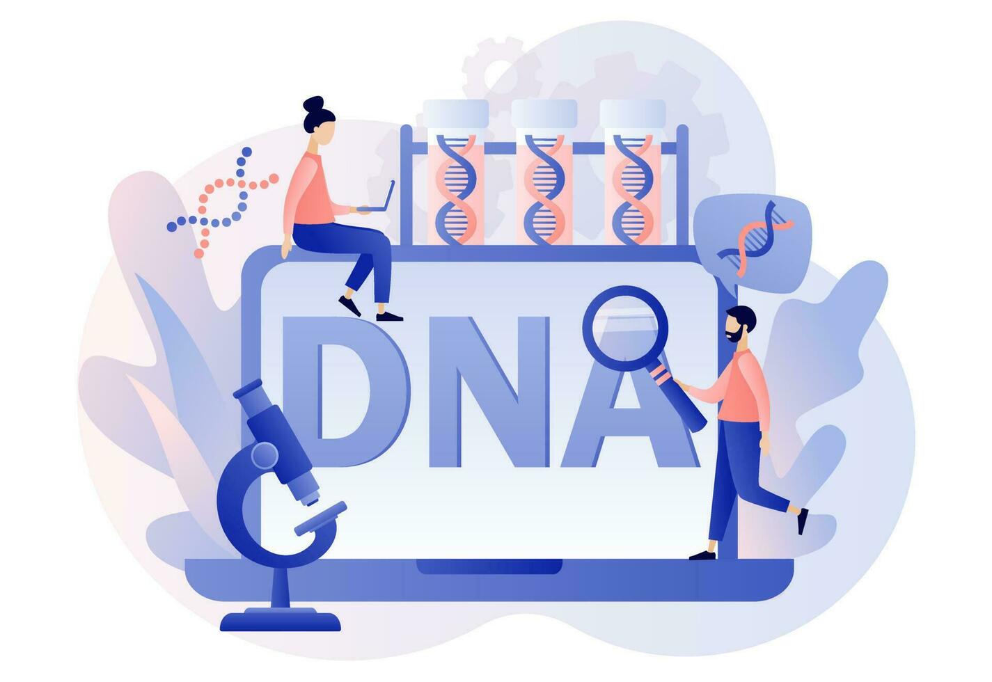 genetisch DNA Wissenschaft. winzig Wissenschaftler Nachforschungen anstellen und testen DNA mit Laptop im Labor. Gen Wendel unterzeichnen. Labor Ausrüstung. modern eben Karikatur Stil. Vektor Illustration auf Weiß Hintergrund