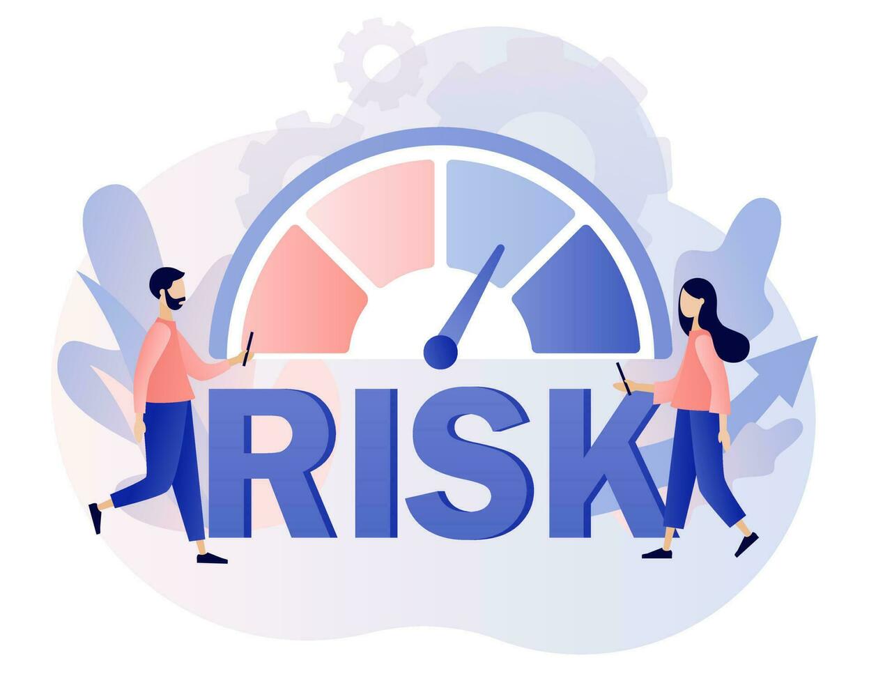 risk förvaltning. risk bedömning. företag och investering begrepp. risk stor text och nivåer knopp. mycket liten människor recension, utvärdera, analys risk. modern platt tecknad serie stil. vektor illustration