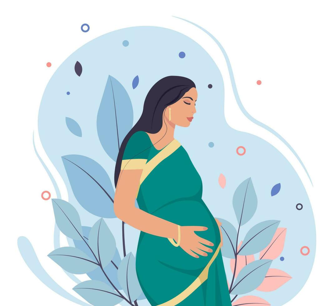glücklich indisch schwanger Frau auf Pflanze Hintergrund. eben Illustration. vektor