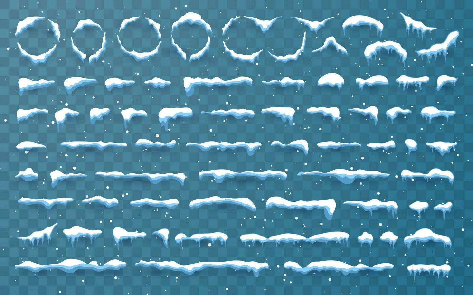 snö kepsar, snöbollar och snödrivor uppsättning. snö keps vektor samling. vinter- dekoration element. snöig element på vinter- bakgrund. tecknad serie mall. illustration