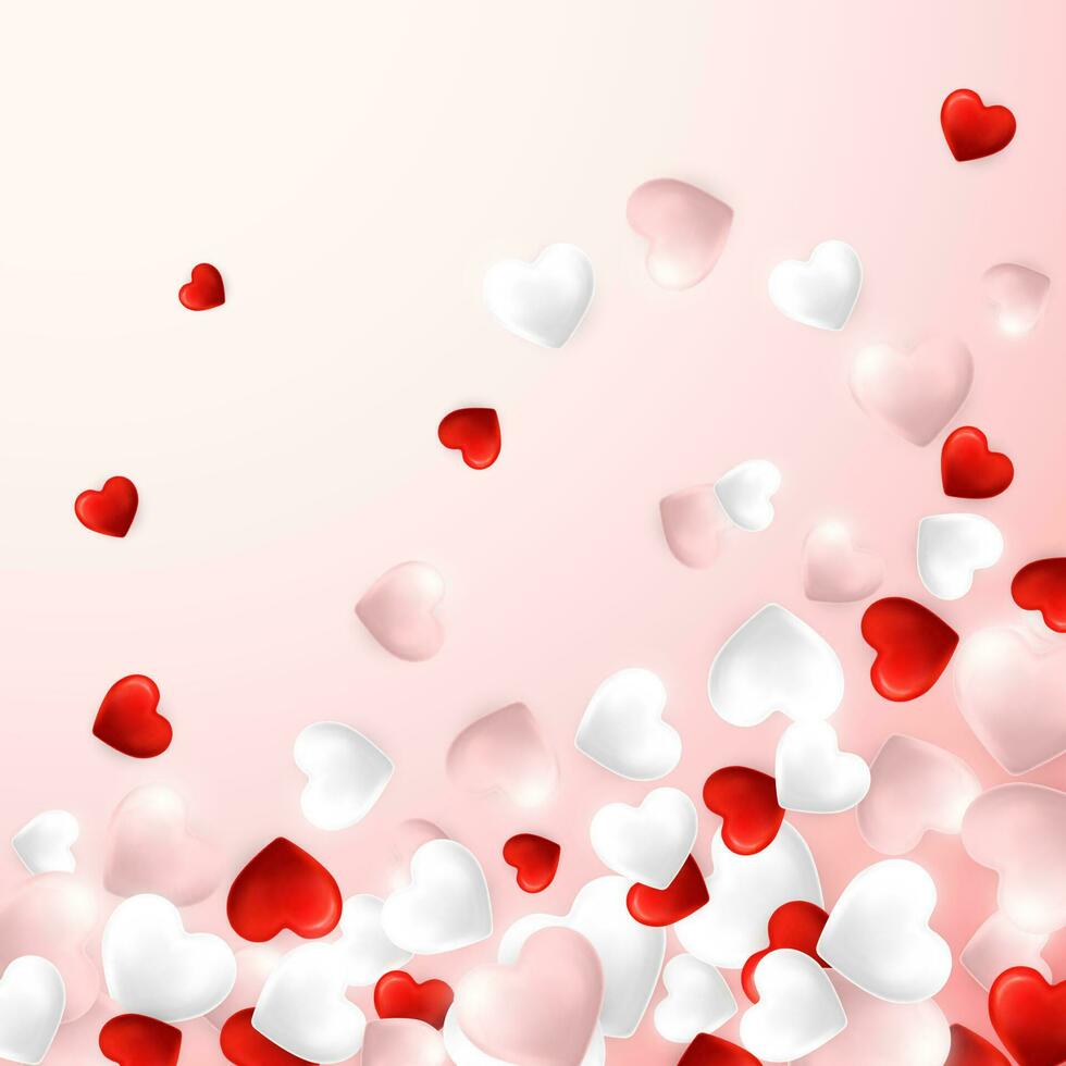 Lycklig valentines dag bakgrund, flygande röd, rosa och vit hjärtan. vektor illustration