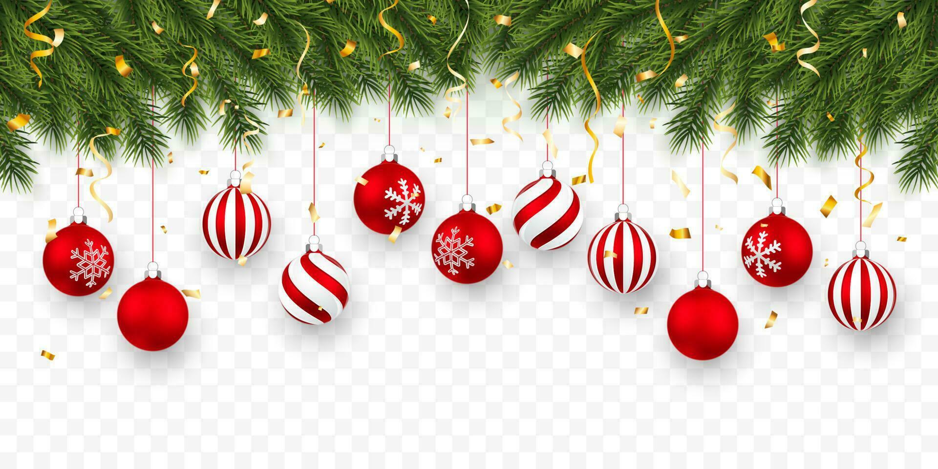 festlich Weihnachten oder Neu Jahr Hintergrund. Weihnachten Tannenbaum Geäst mit Konfetti und Weihnachten rot Bälle. Feiertage Hintergrund. Vektor Illustration