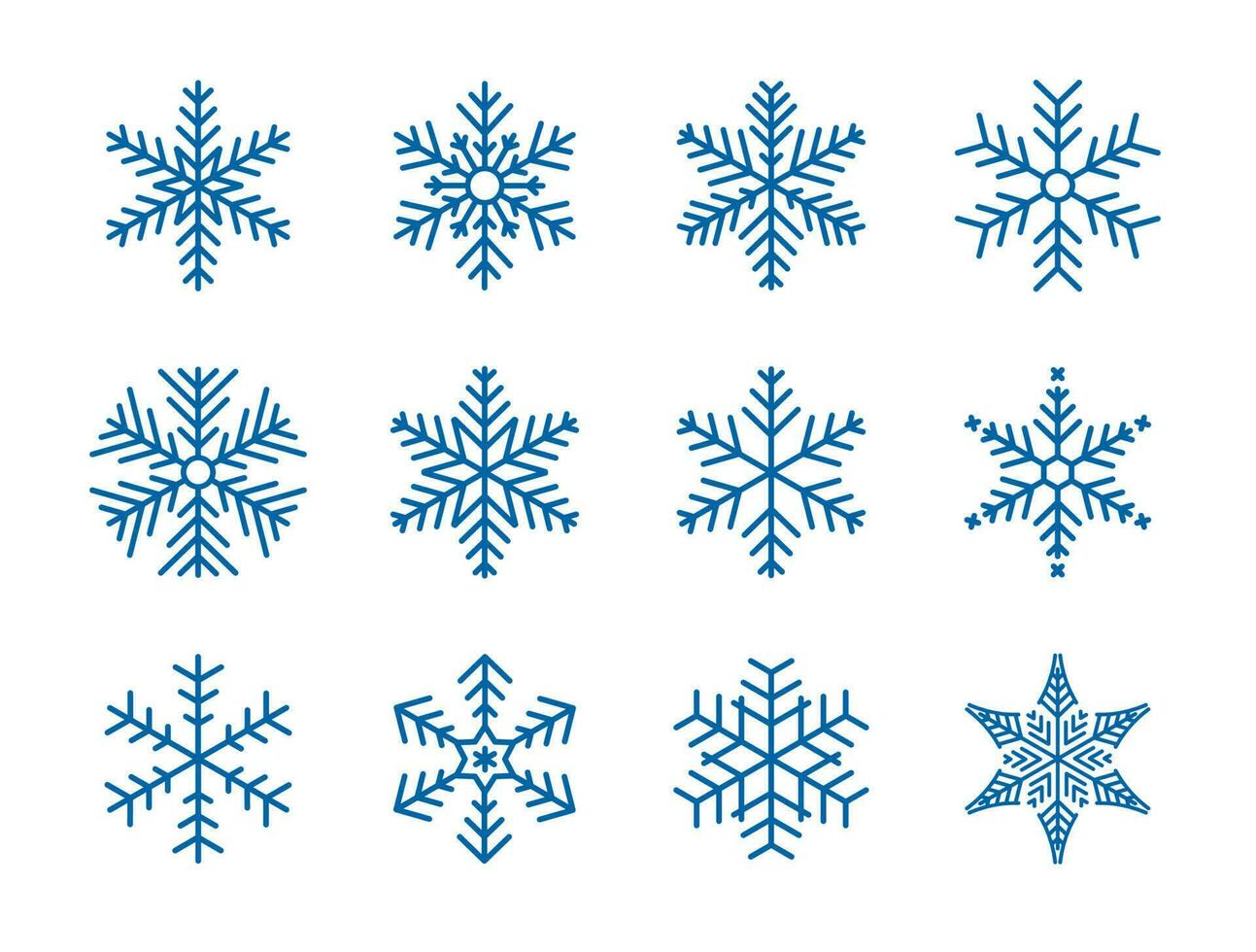 Schneeflocke Winter einstellen von Blau isoliert Symbol Silhouette auf Weiß Hintergrund. Vektor Illustration