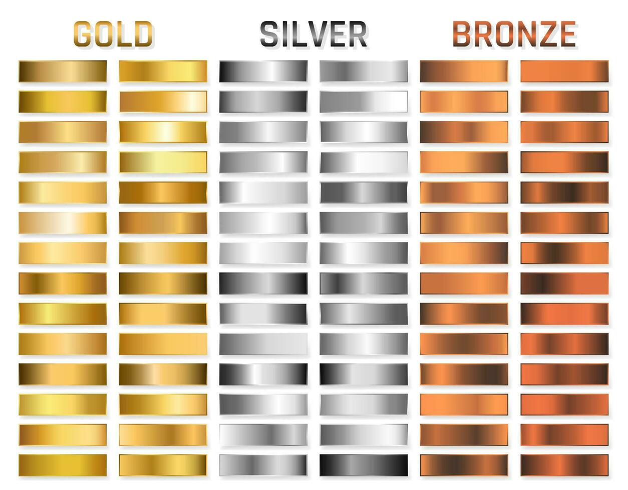 samling av guld, silver, krom, brons metallisk lutning. lysande plattor med guld, silver, krom, brons metallisk effekt. vektor illustration