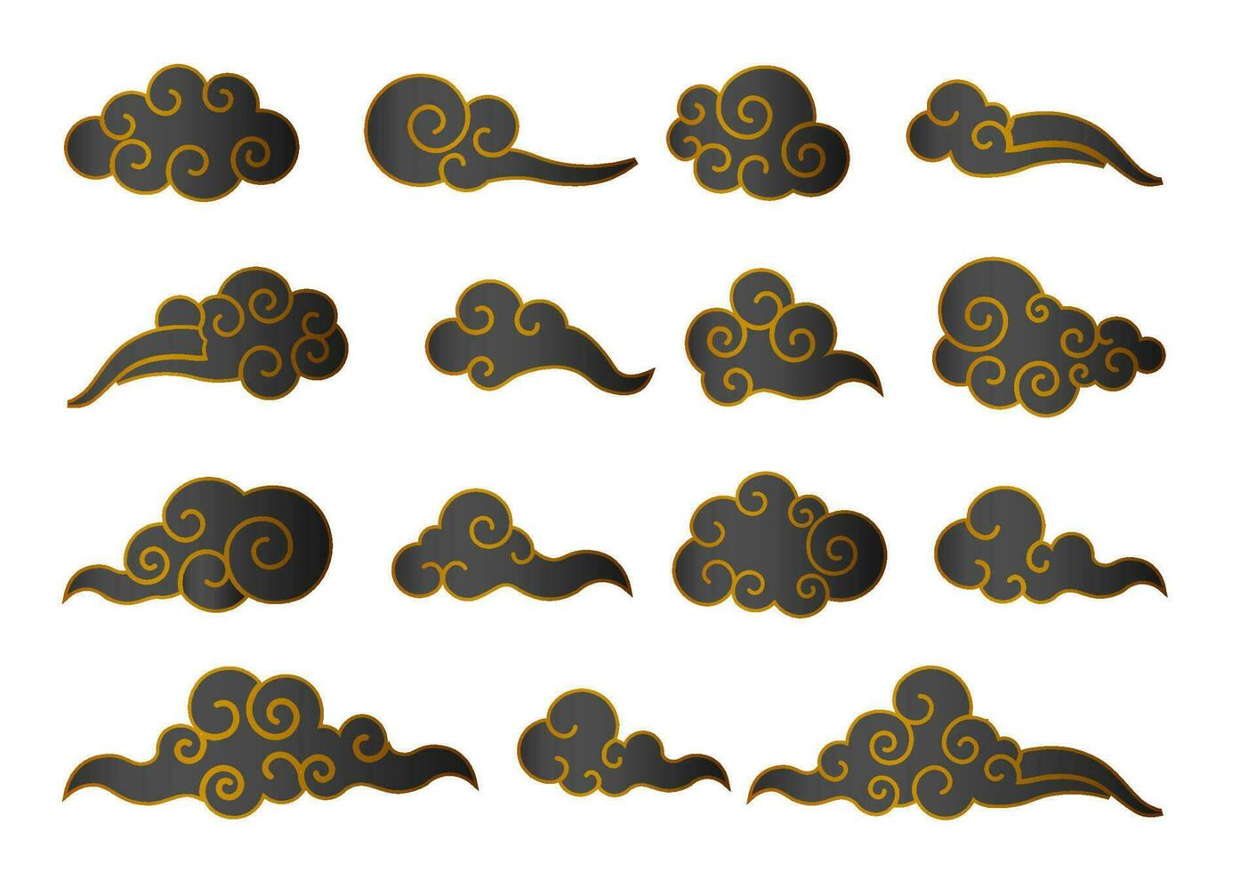 moln i kinesisk stil. abstrakt svart och guld molnig uppsättning isolerat på vit bakgrund. vektor illustration