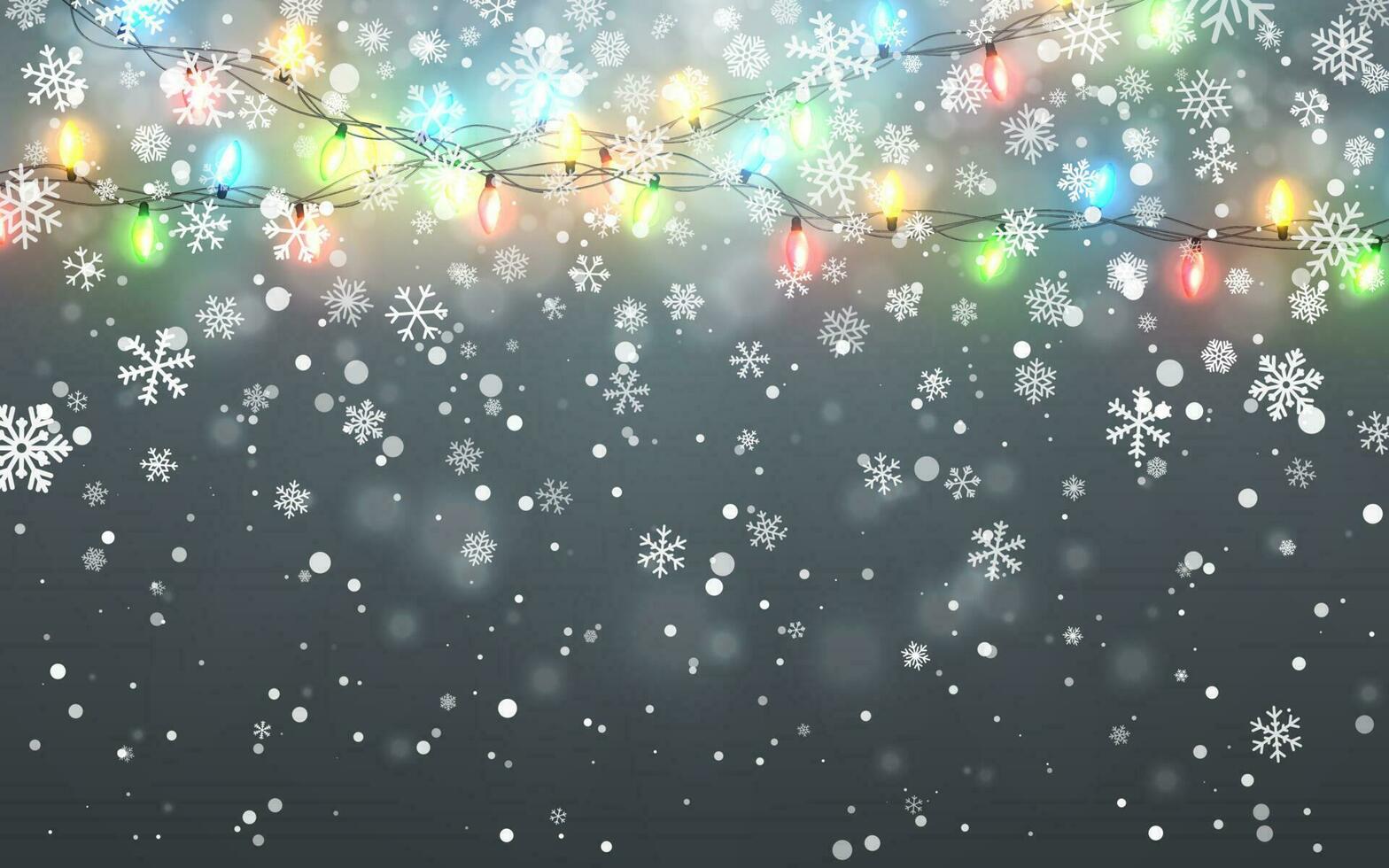 Weihnachten Schnee. fallen Weiß Schneeflocken auf dunkel Hintergrund. Weihnachten Farbe Girlande, festlich Dekorationen. glühend Weihnachten Beleuchtung. Vektor Schneefall, Schneeflocken fliegend im Winter Luft