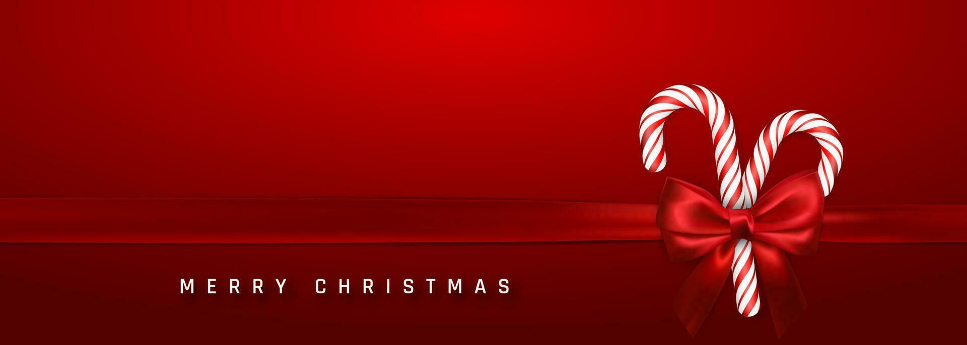 Weihnachten oder Neu Jahr Gruß Karte. realistisch Süßigkeiten Stock mit rot Bogen und Band auf rot Hintergrund. Vektor Illustration