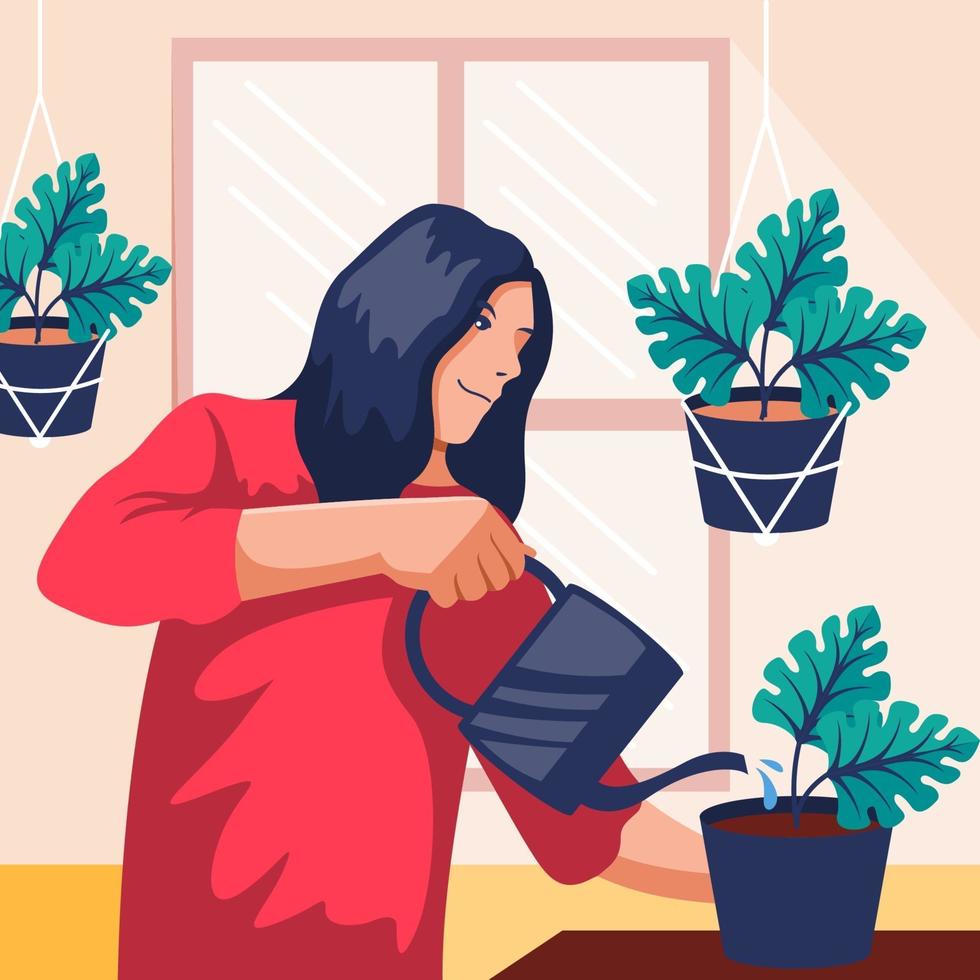 kvinnor som gör en illustration för att bevattna växter vektor