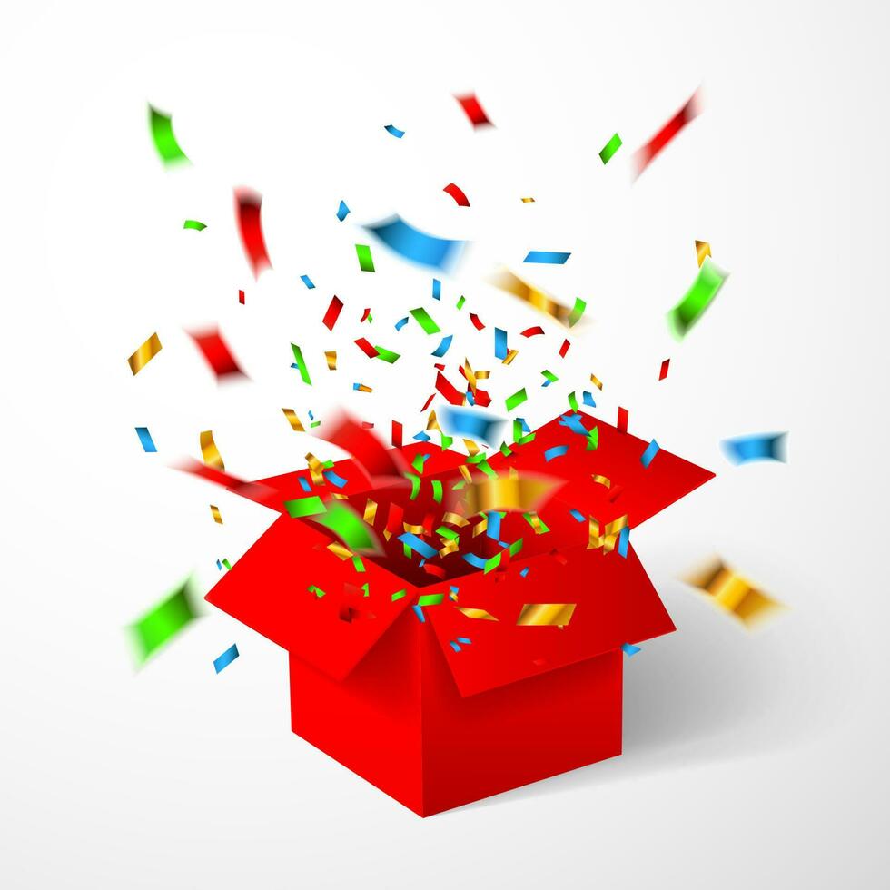 öppen röd gåva låda och konfetti. jul bakgrund. vektor illustration