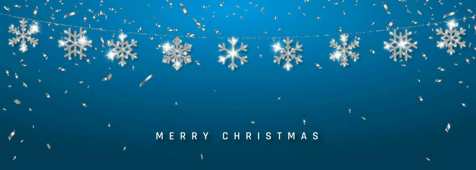 jul eller ny år silver- snöflinga dekoration krans med konfetti på blå bakgrund. hängande glitter snöflinga. vektor illustration