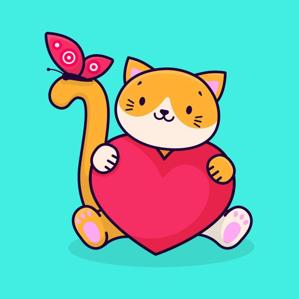 ein süß Karikatur Ingwer Katze hält ein Rosa Herz im es ist Pfoten. Katze und Schmetterling. Vektor Illustration.