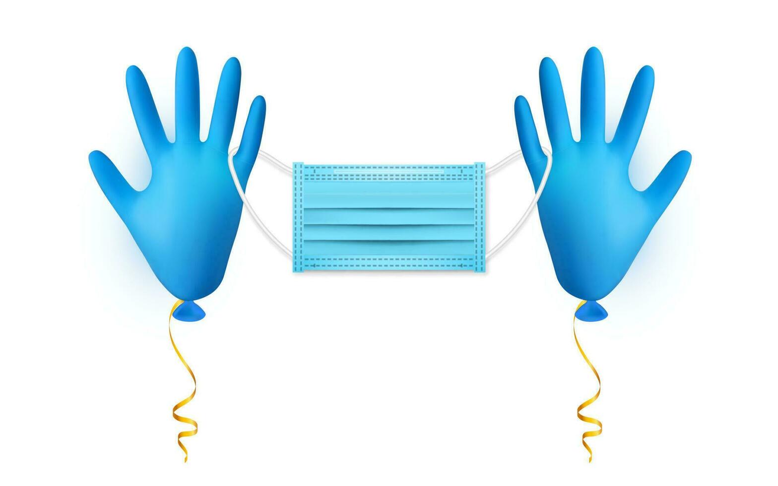 realistisch Blau medizinisch Latex Handschuh Ballon mit medizinisch Gesicht Maske. scheinen Helium Ballon gemacht von medizinisch Latex Handschuh. Vektor Illustration