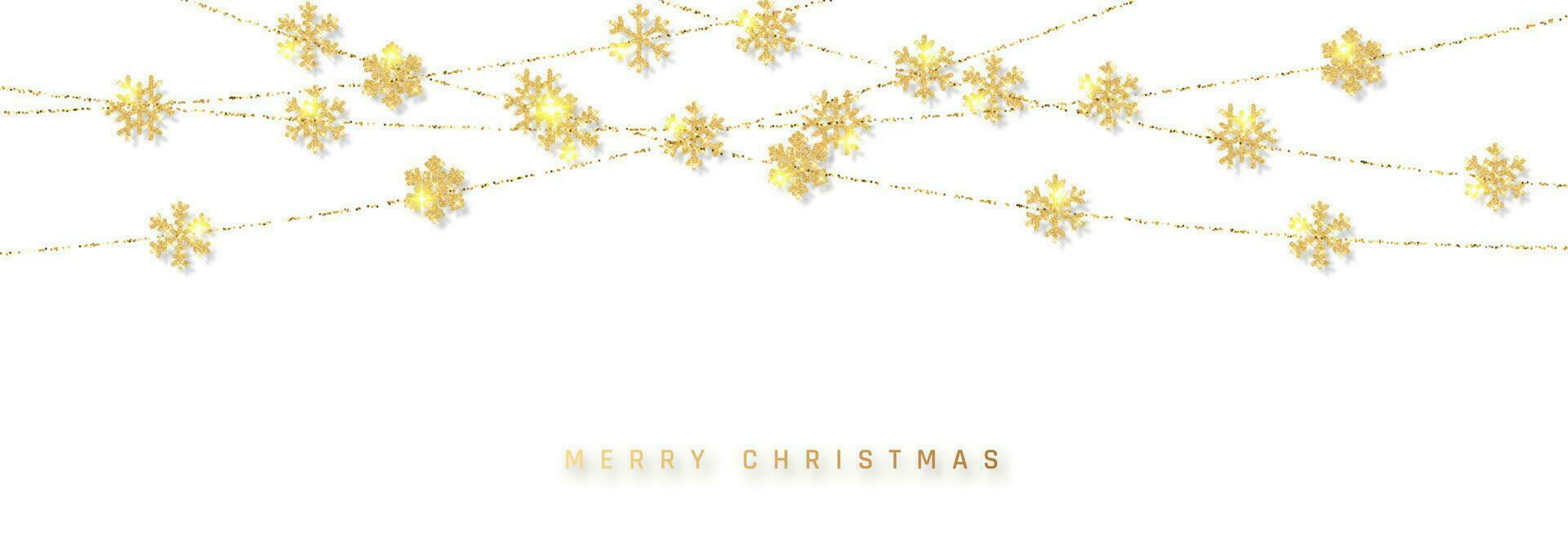 Weihnachten oder Neu Jahr golden Schneeflocke Dekoration Girlande auf Weiß Hintergrund. hängend funkeln Schneeflocke. Vektor Illustration
