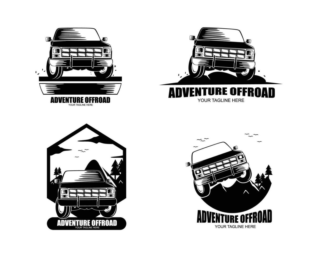 uppsättning av fyra av vägen sUV bil svartvit etiketter, emblem, märken eller logotyper vektor