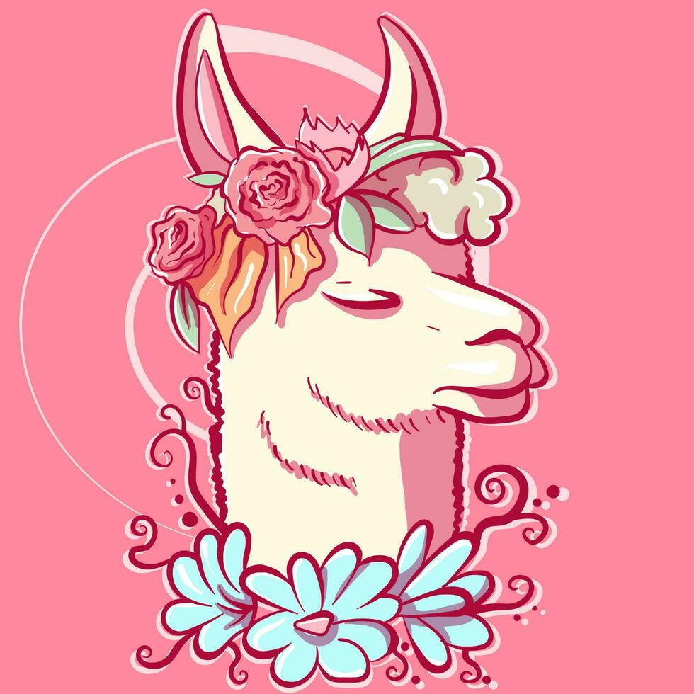 Pastell- Illustration von ein Rosa Lama mit Blume Dekorationen um ihr Kopf. Vektor Kunst und Digital Zeichnung von ein Alpaka mit ein Rose Strauß.