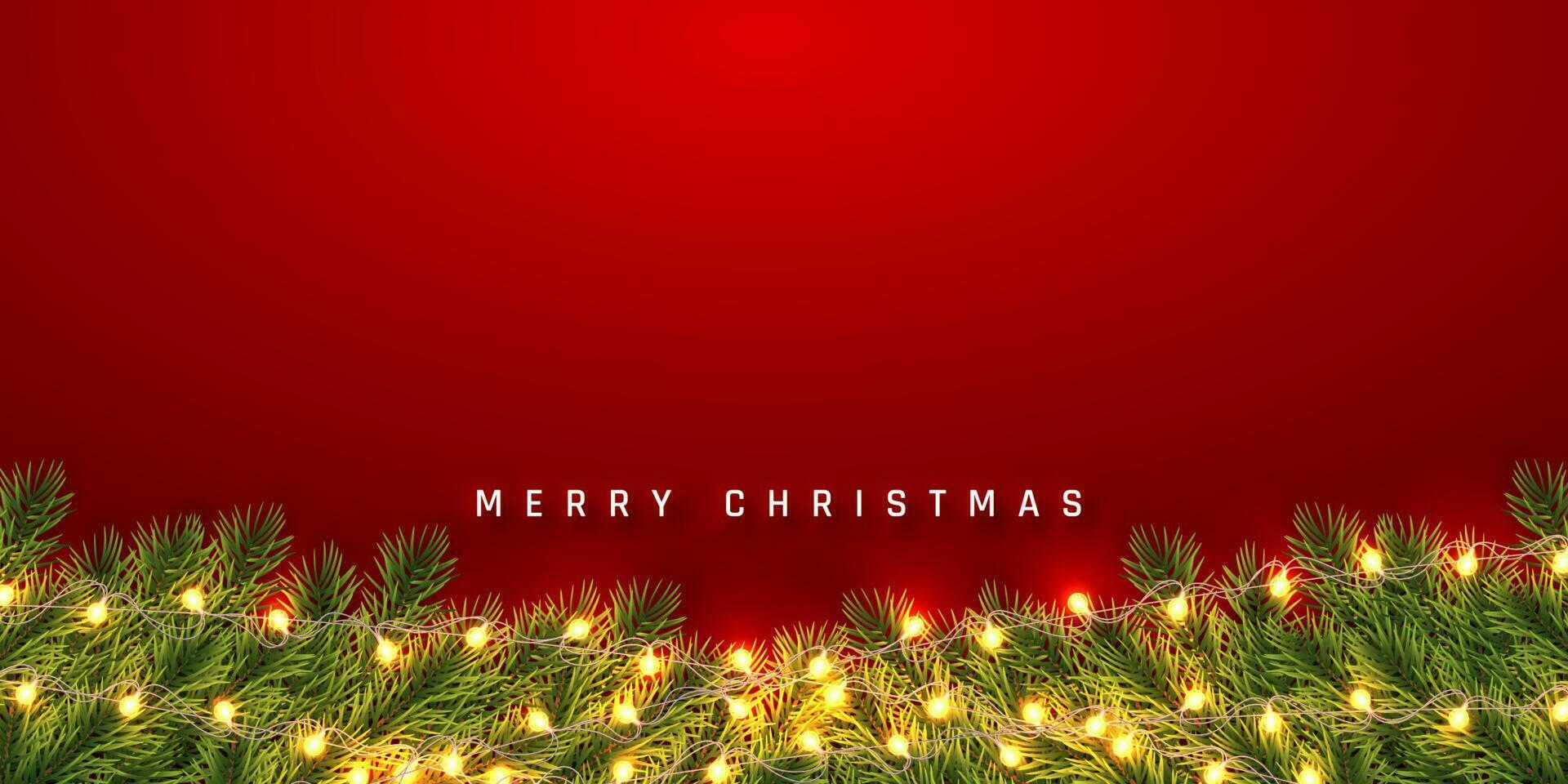 festlig jul eller ny år bakgrund. jul gran grenar med ljus krans. högtider bakgrund. vektor illustration