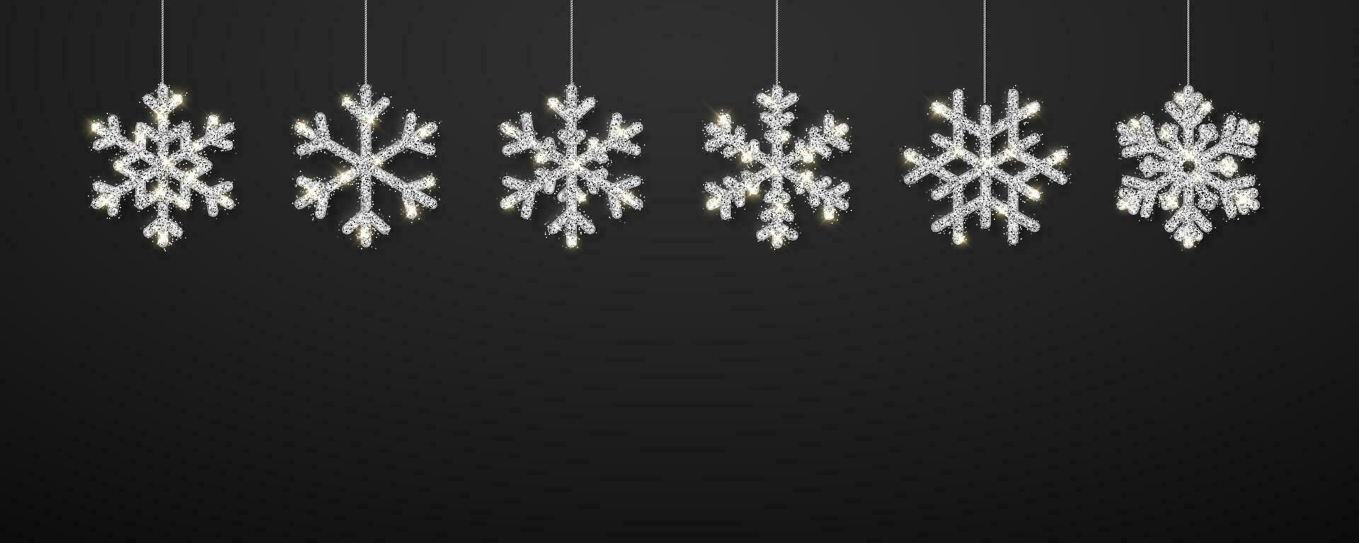 lysande silver- snöflingor på svart bakgrund. jul och ny år bakgrund. vektor illustration