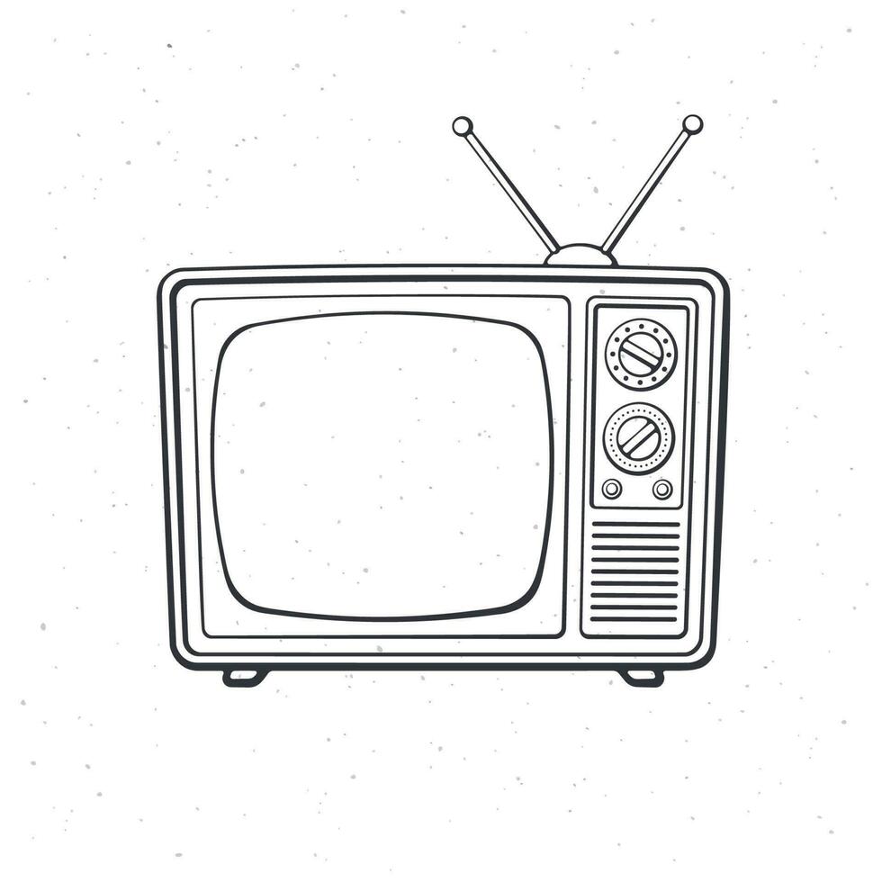 analog retro TV med antenn, kanal och signal väljare. översikt. vektor illustration. tv låda för Nyheter och visa översättning. hand dragen skiss. isolerat vit bakgrund