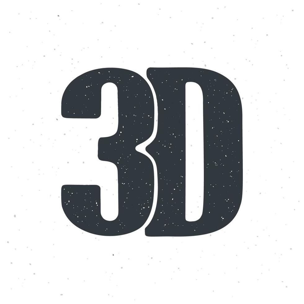 silhuett av förkortning 3d för tredimensionell filma. vektor illustration. text stil ikon för stereo filmer. symbol av de filma industri. ClipArt för affischer. isolerat vit bakgrund