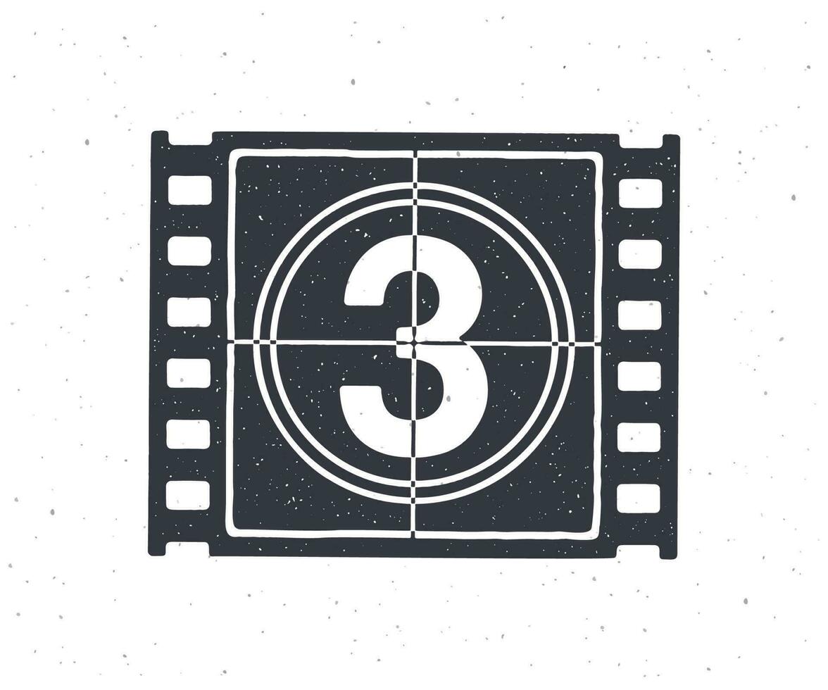 Silhouette von Film Streifen Teil mit Countdown Timer. Vektor Illustration. retro Rahmen von Filmstreifen. Jahrgang Film Timer zum Kino. Clip Art zum Schilder, Vitrinen. isoliert Weiß Hintergrund