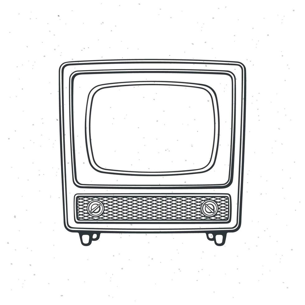 analog retro Fernseher mit hölzern Körper, Signal und Kanal Wähler. Umriss. Vektor Illustration. Jahrgang Fernsehen Box zum Video Übersetzung. Hand gezeichnet skizzieren. isoliert Weiß Hintergrund