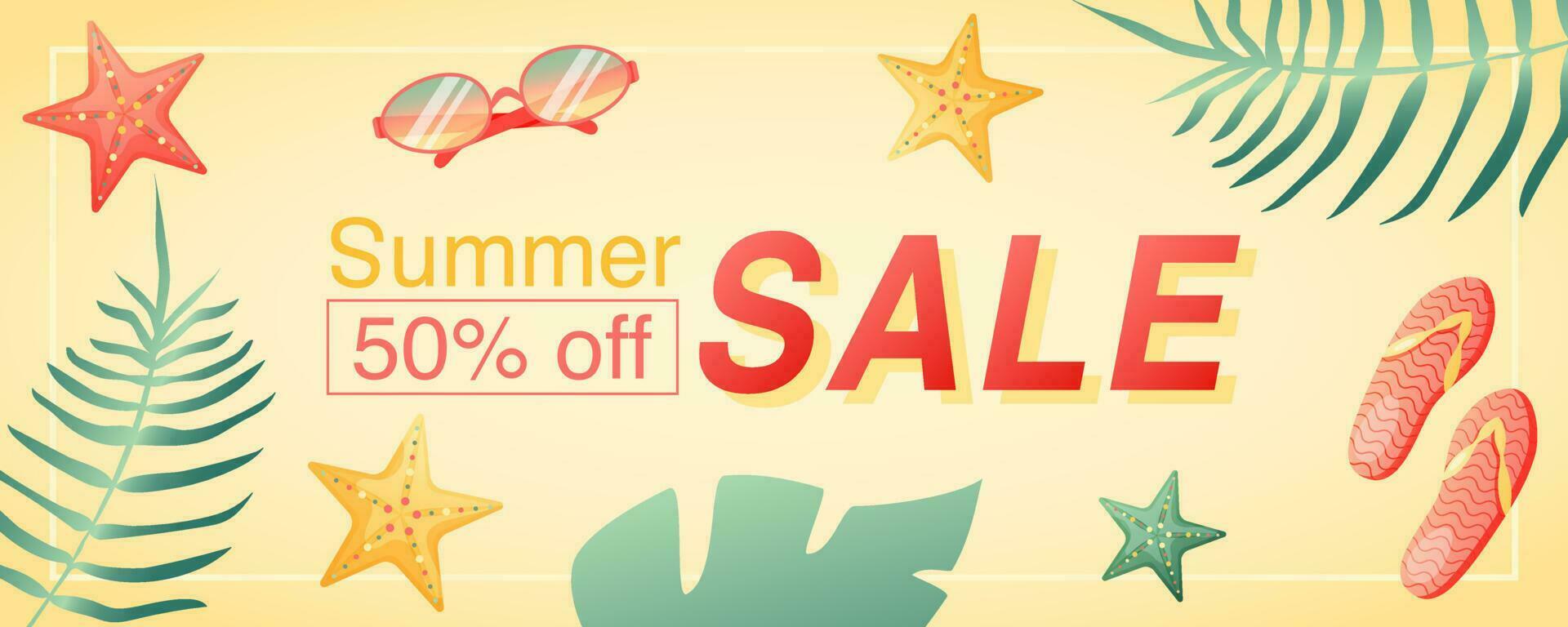 Sommer- Verkauf Promo Banner mit Sommer- Artikel, tropisch Blätter, Flip Flops und usw. Vektor Illustration zum Besondere Angebot, Flyer, Werbung, Werbung, Poster.