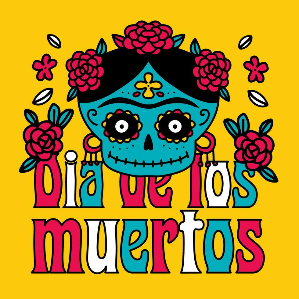 dia de los Muertos Feier Gruß Karte mit süß Karikatur weiblich Calavera Zucker Schädel , Blumen Hand gezeichnet im traditionell Stil. Text Übersetzung - - Tag von das tot. Vektor Gekritzel Illustration.