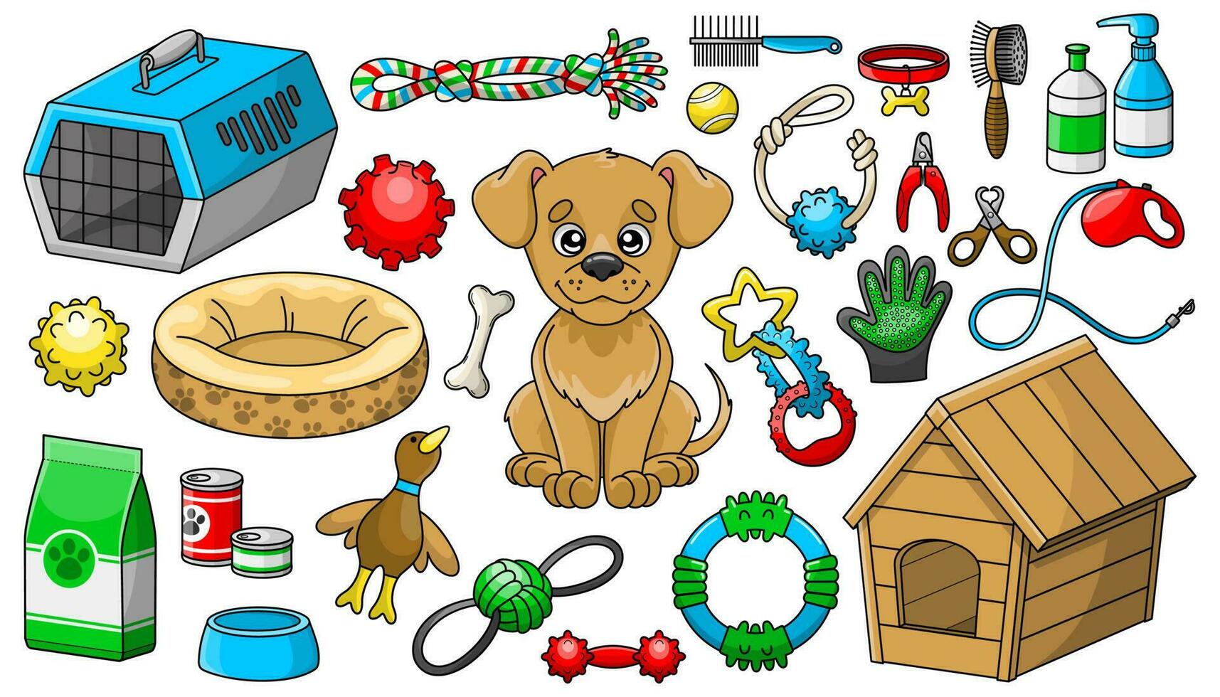 uppsättning färgrik av tecknad serie hund och varor för sällskapsdjur affär vektor