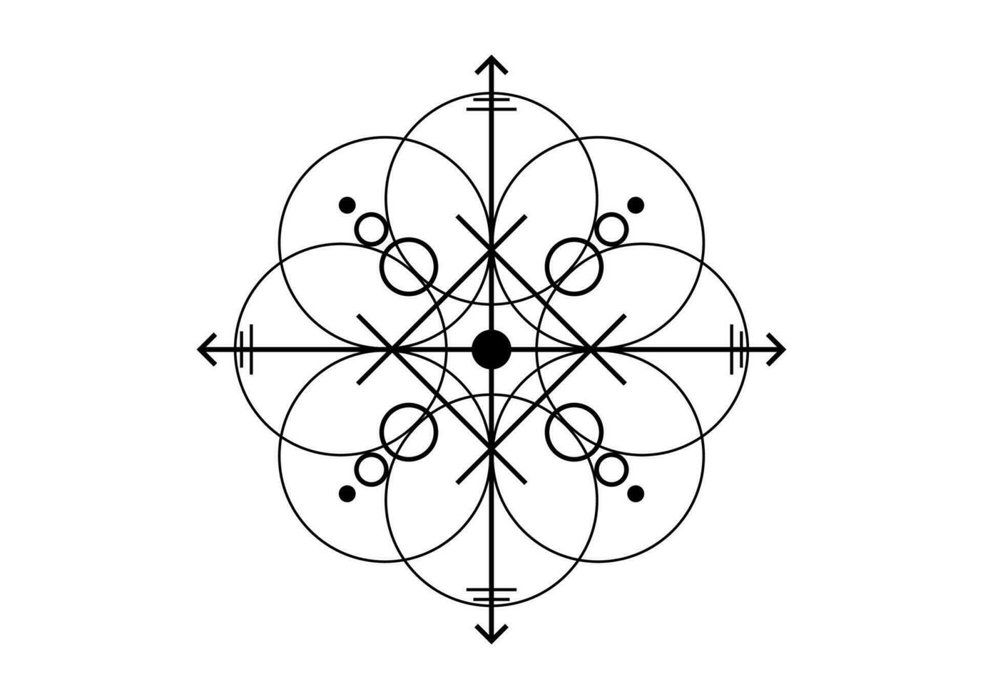 helig täta av kraftfull energi, sigil för skydd med geometrisk former och mystisk pilar, vektor svart tatuering korsa symbol isolerat på vit bakgrund