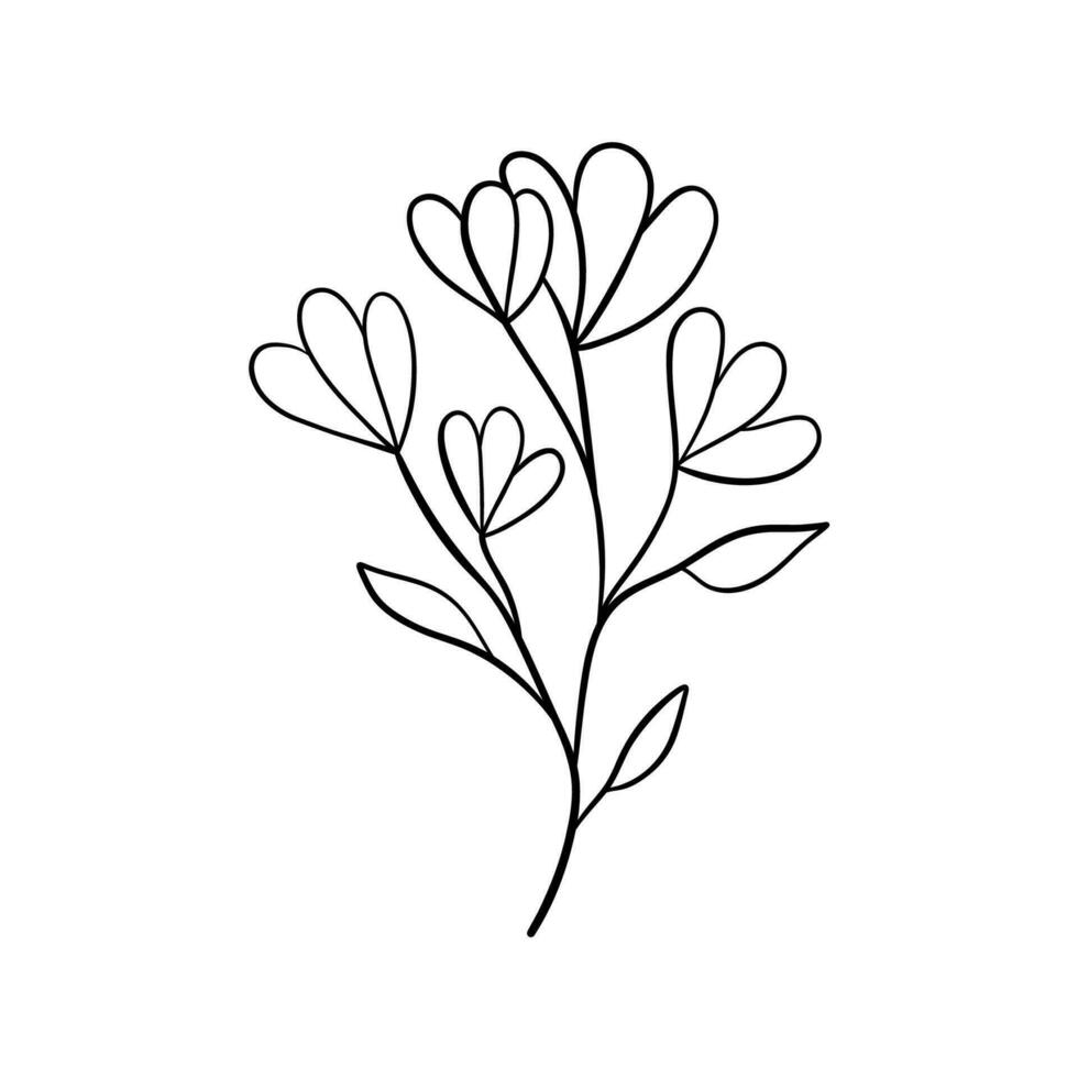 schwarze Schattenbilder von Gras, Blumen und Kräutern lokalisiert auf weißem Hintergrund. handgezeichnete Skizze Blumen und Insekten. vektor