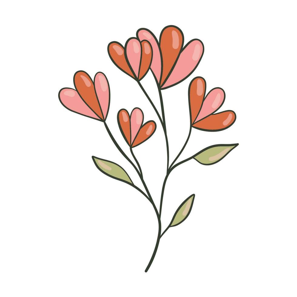 färgrik blomma, hand ritade, vektor platt illustration. blommande växter med stjälkar och löv isolerat på vit. blommig dekoration eller gåva. för din design