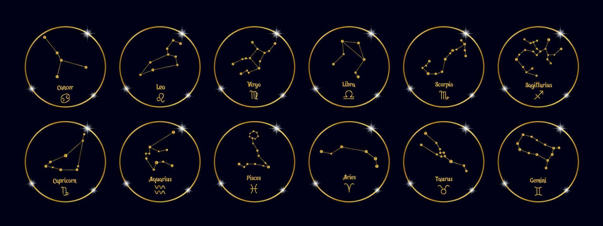 Konstellationen von Tierkreiszeichen in golden glänzenden Kreisen, gesetzt. goldenes Design auf schwarzem Hintergrund. Symbole, Vektor