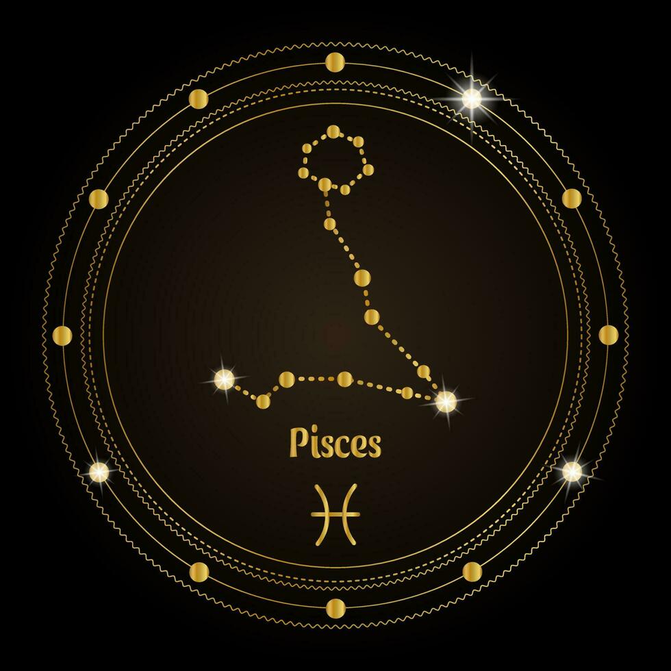 fiskarna, konstellation av de zodiaken tecken i de kosmisk magi cirkel. gyllene design på en mörk bakgrund. vektor