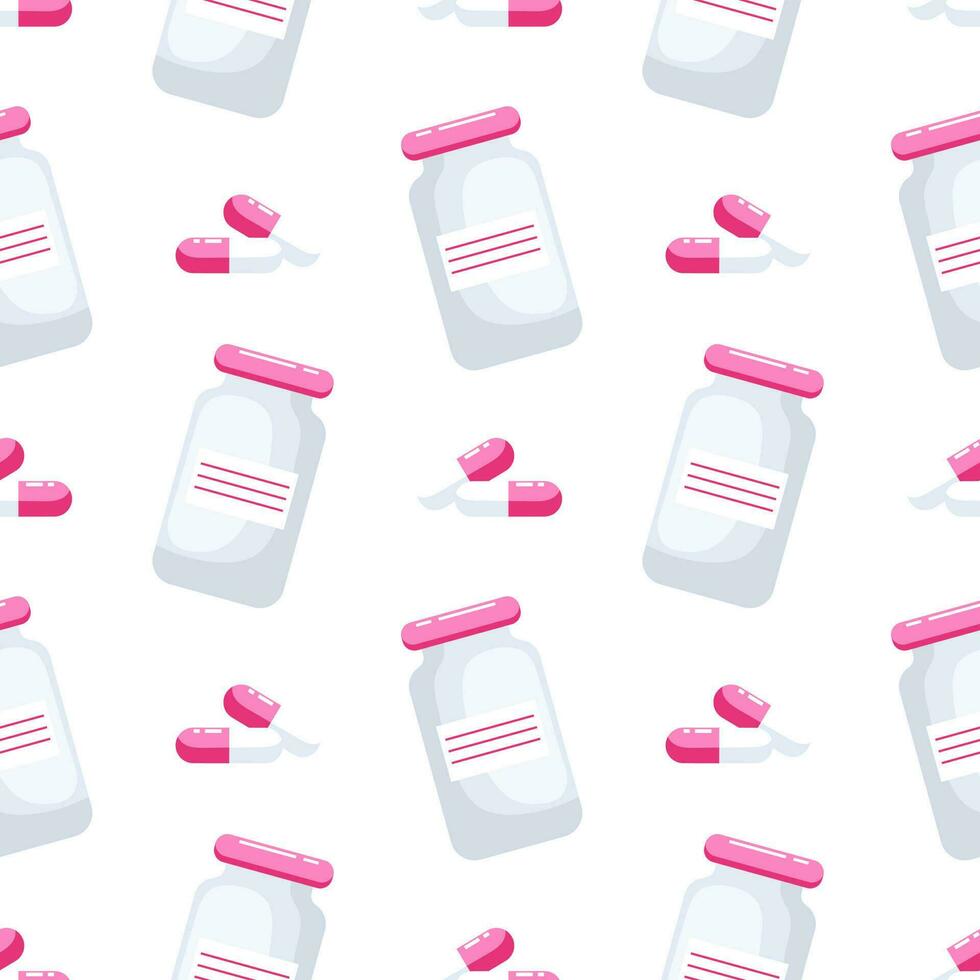 sömlös mönster av piller och medicin flaskor på en vit bakgrund. farmaceutisk bakgrund, medicinsk begrepp. vektor