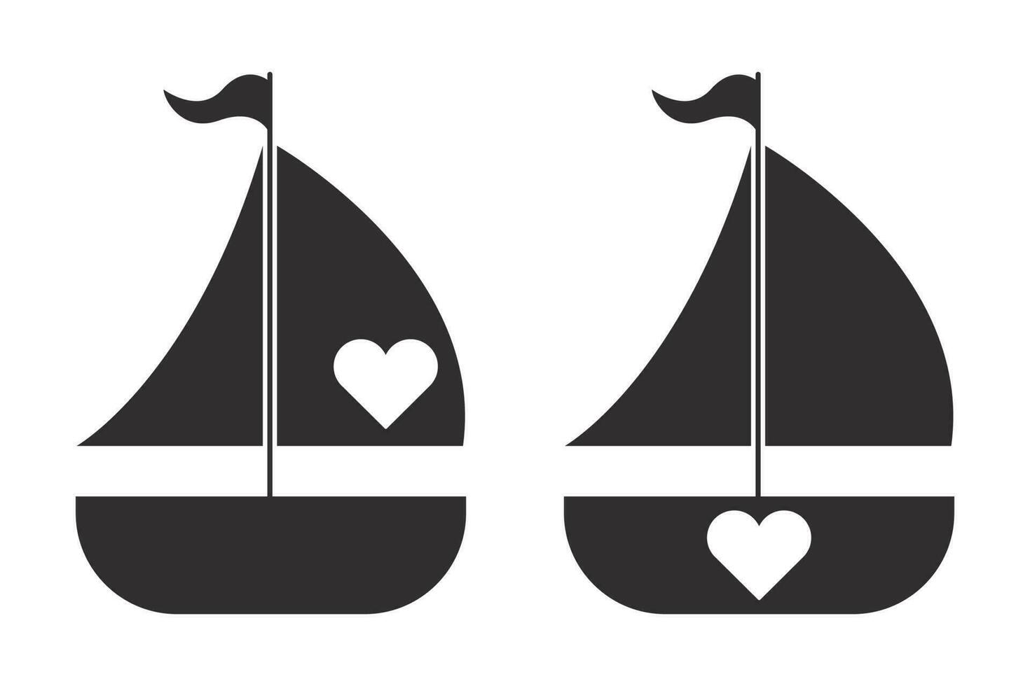Segelboot einstellen mit Herz. schwarz Boot. Silhouette Vektor Illustration.