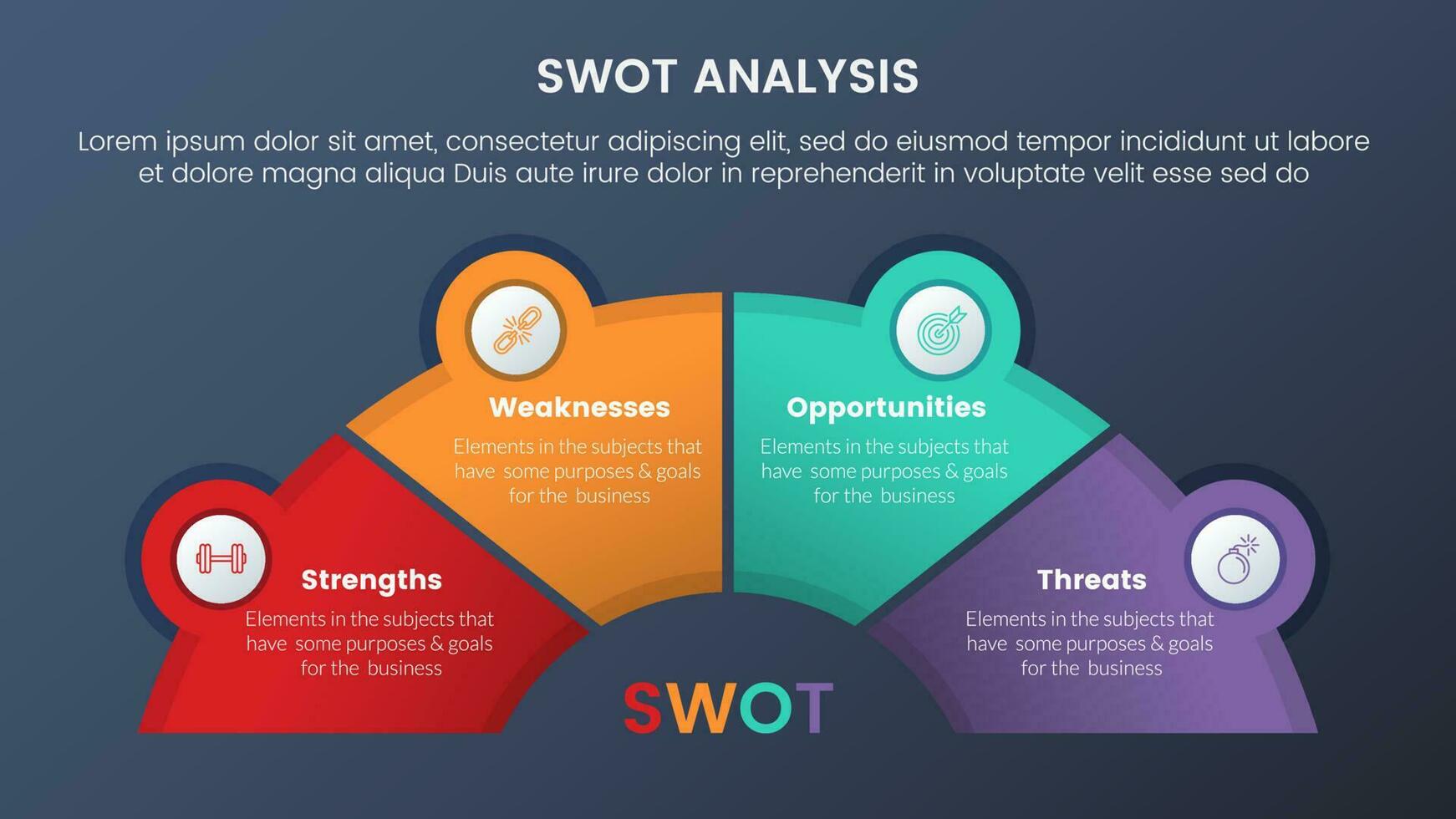 SWOT analys begrepp med halv cirkel form och ikon länkad för infographic mall baner med fyra punkt lista information vektor