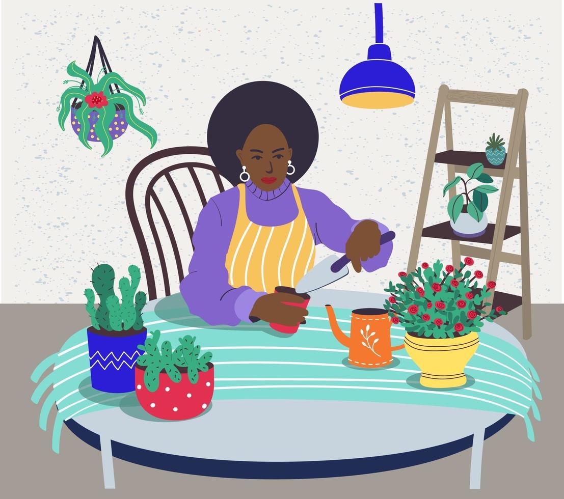 en svarthudad kvinna tar hand om inomhusplantor. en afroamerikansk kvinna odlar inomhusplantor. vektor platt illustration