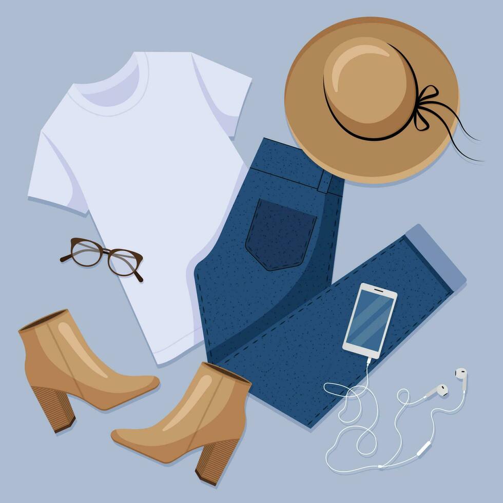 kvinnor tillfällig utrusta. mode uppsättning av damens kläder, och Tillbehör. t-shirt, jeans, hatt, vrist stövlar, glasögon, telefon med en headset. Instagram stil platt lägga illustration. top-down se. vektor