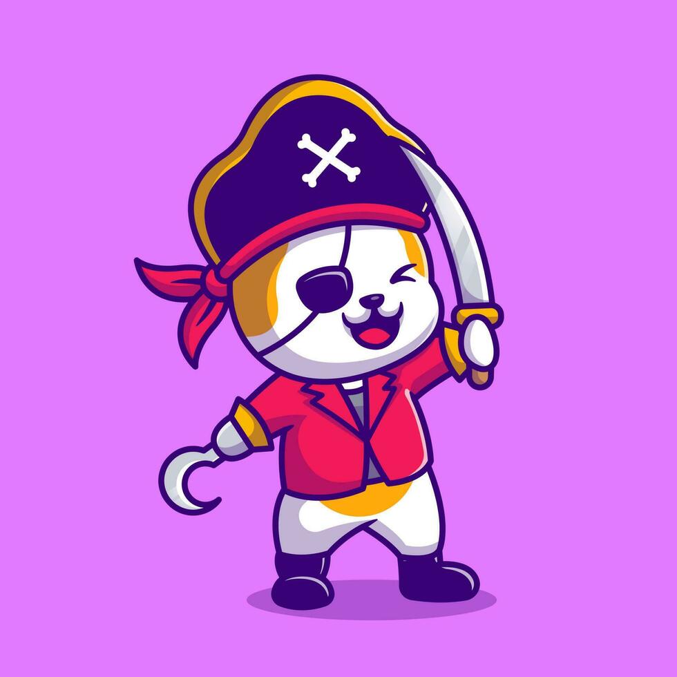 söt katt pirat med svärd tecknad serie vektor ikon illustration. djur- mode ikon begrepp isolerat premie vektor. platt tecknad serie stil