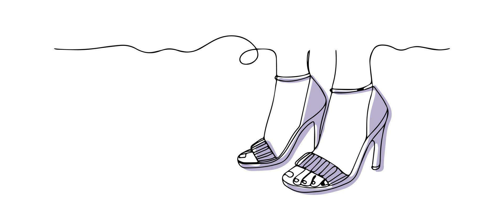 kontinuerlig dra ett linje kvinnor skor ikon. lady sandal hög klack skor översikt. mode sko design. elegant kvinnors sko med färgad platt bakgrund. vektor illustration med enda linje teckning