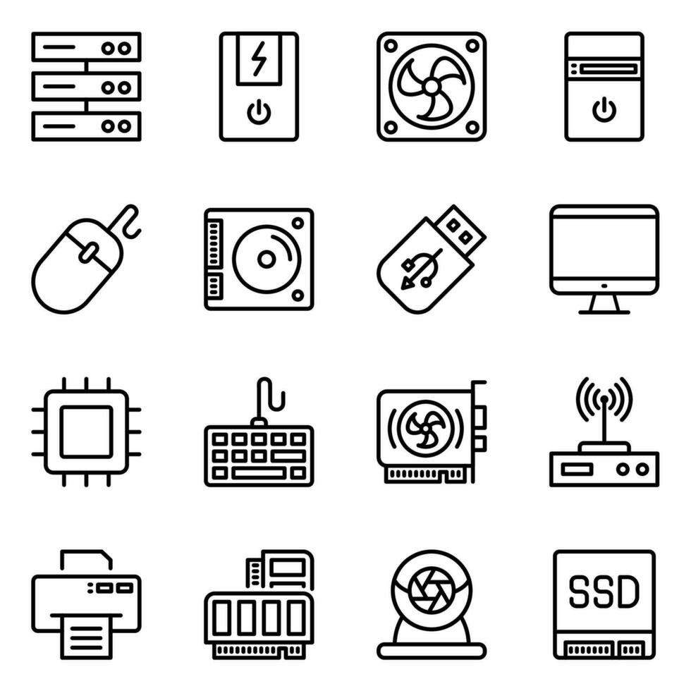 dator hårdvara linje ikoner uppsättning. minne, server, övervaka, krets, blixt, lcd, skrivbord, tangentbord, pc, stroke, fläkt, trådlös, nätverk vektor
