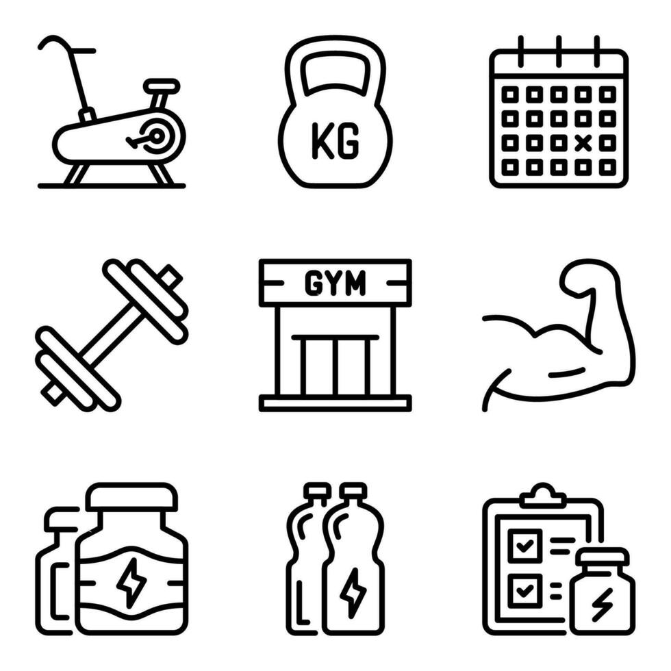 Fitness Linie Symbole. Muskel, Zeitplan, Gewicht, planen, Kalender, Gymnastik vektor