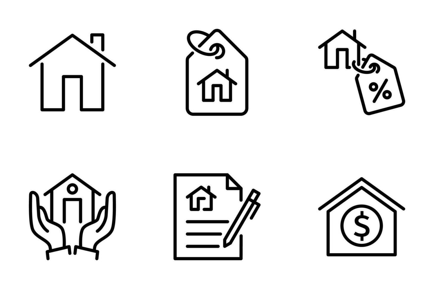 hus ikoner uppsättning. uppsättning av hus linje ikoner. fast egendom, verklig egendom, inteckning, bostad, tjänster, försäljning, lån, hyra, hus, ombud, avtal, handla, försäkring och inköp vektor