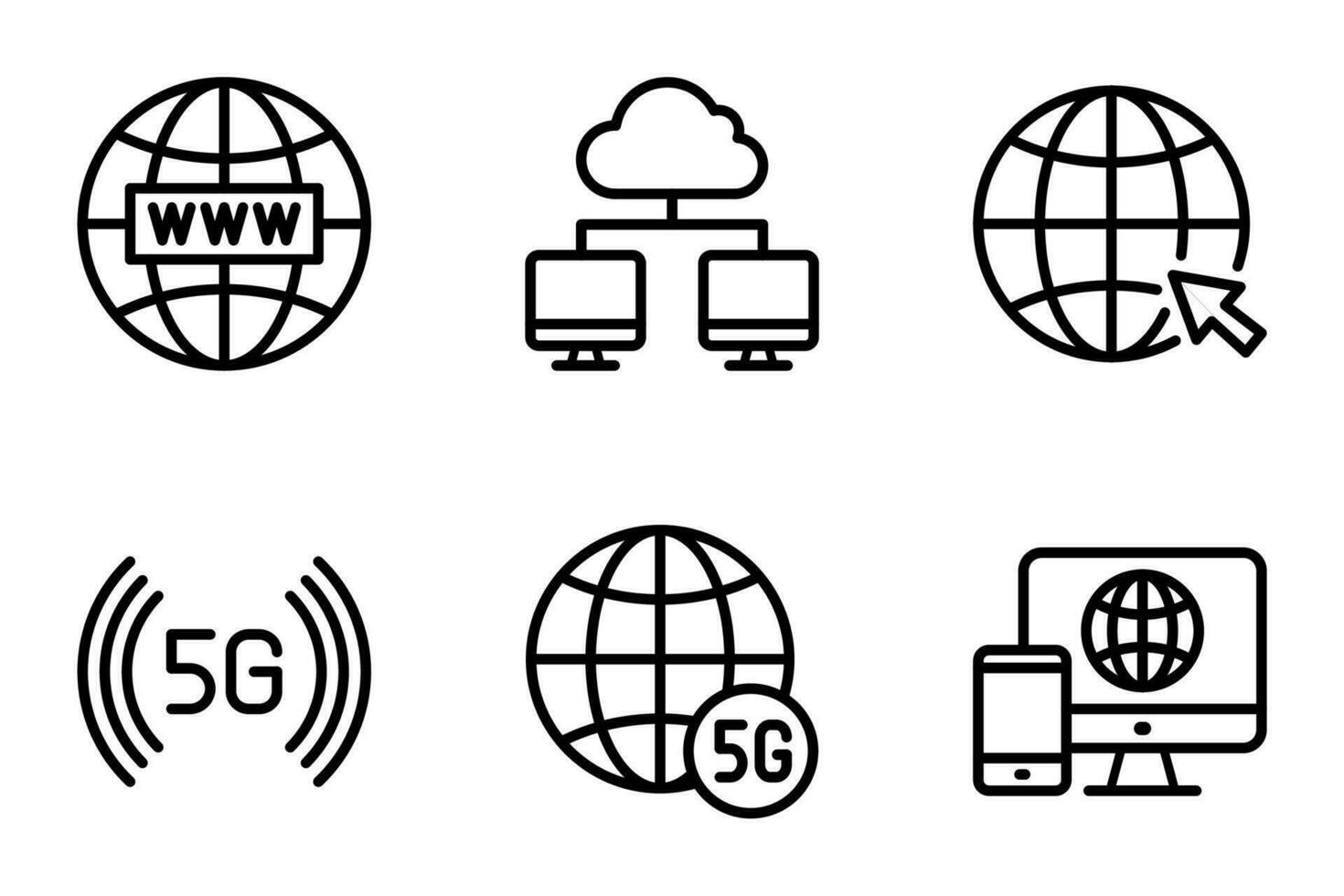 uppsättning av ikoner för internet och nätverk. nätverk, hemsida, trådlös, server, signal, värd, tecken, datoranvändning vektor