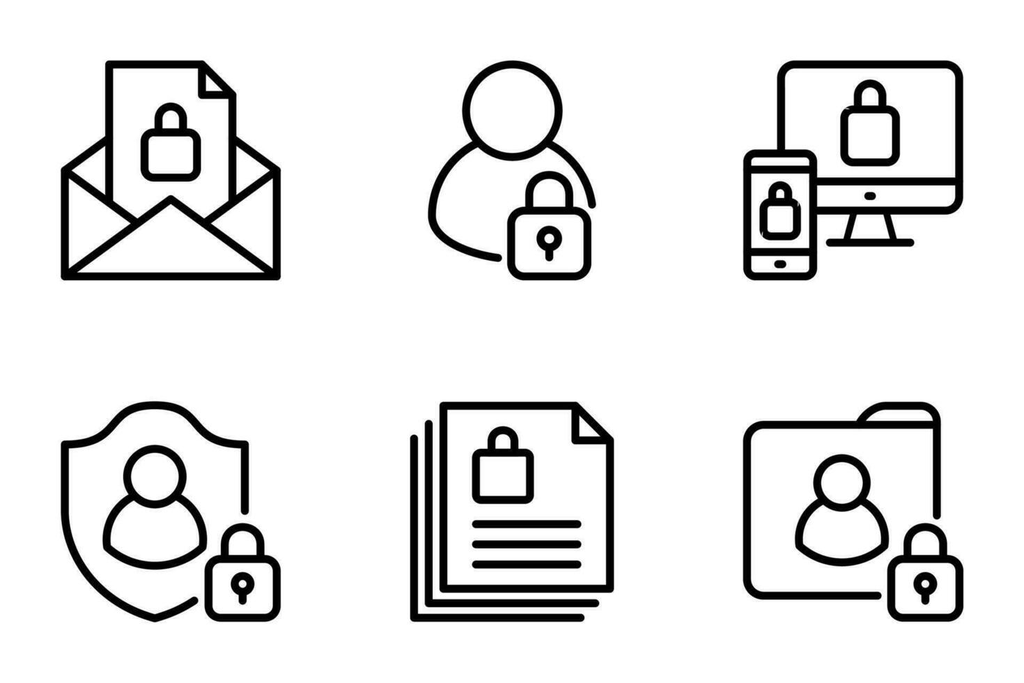 Privatsphäre Linie Symbole Satz. Webseite, schützen, Benutzer, sicher, Sicherheit, Datenbank, Identität, Politik, Hacker, Software, Regel, Orientierungshilfe, Server, wichtig, persönlich, sicher, Technik, Schnittstelle, Schild vektor