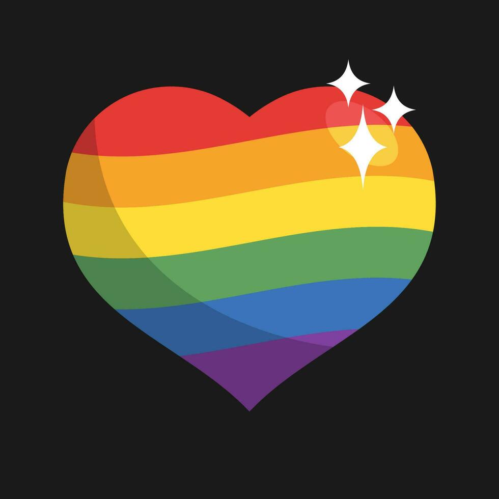 HBTQ stolthet hjärta. regnbåge flagga kärlek symbol. mångfald och frihet. platt stil vektor ikon med skuggor och gnistor.